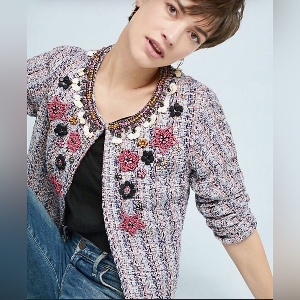 VGUC Anthropologie Summer of Love Suzy tweed embellished jacket